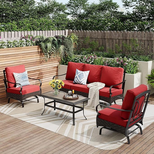 PHI VILLA Outdoor Modern Patio Furniture Set, Upgraded Wicker&Metal Patio Furniture Conversation Set with Waterproof Thick Cushions for Porch, Poolside, Deck, and Yard (4 Pieces,Red)