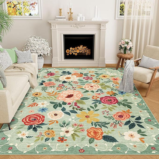 DUKINO 5x7 Area Rug, Floral Rugs for Living Room, Lightweight Non Slip Washable Rug, Indoor Low Pile & Non-Shedding Boho Design Rugs for Bedroom, Living Room, Dining Room, Green