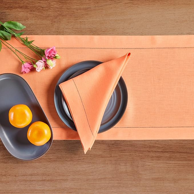 Solino Home Linen Coral Hemstitch Table Runner 36 Inches - 100% Pure Linen Small Table Runner 14 x 36 Inch Ideal for Dresser and Coffee Tables - Classic Hemstitch