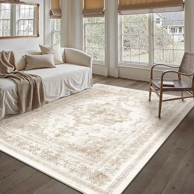 Area Rug 6x9 Cream Washable Living Room Beige Carpet Non Slip Vintage Medallion Indoor Bedroom Beige Carpet Low Pile Soft Retro Distressed Large Rug Home Office Dining Room Playroom