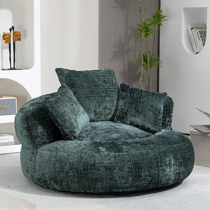 42'' Oversized Round Chair, Single Lounge Chaise Upholstered Sofa Bed with Deep Seat, Chenille Bean Bag Chiar with Pillows for Living Room, Bedroom, Apartment, Reading, No Assembly (Green)