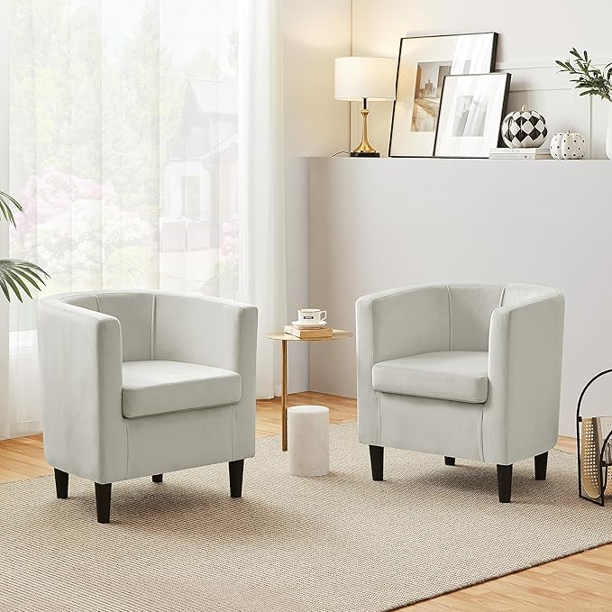 Yaheetech Velvet Accent Chair, Modern and Comfortable Armchairs, Upholstered Barrel Sofa Chair for Living Room Bedroom Waiting Room, Beige, 2pcs