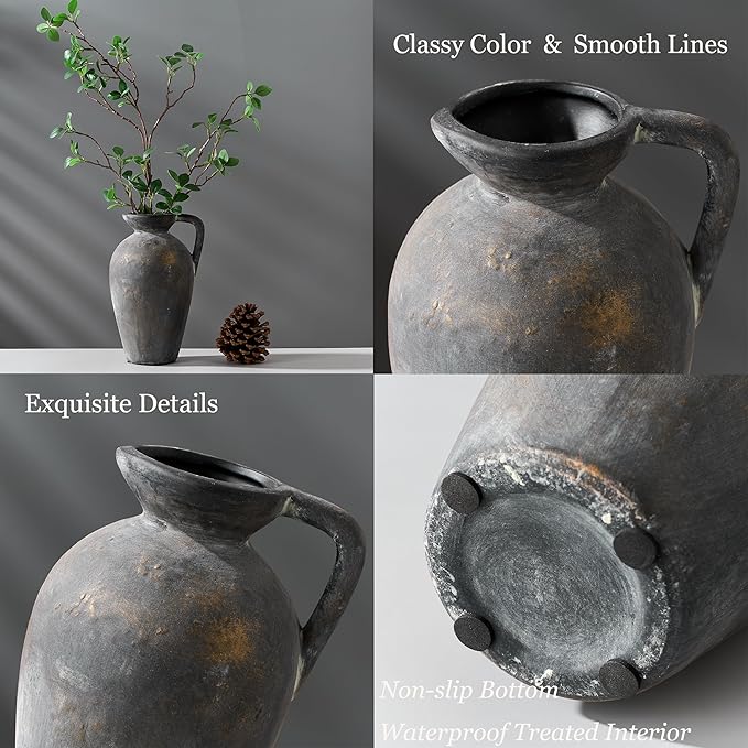 Antique Rustic Ceramic Vase, 9.3 Inch Tall Large Terracotta Vase with Handle, Vintage Farmhouse Pottery Vase for Home Decor, Living Room, Entryway, Wedding, Thanksgiving - Black Bronze