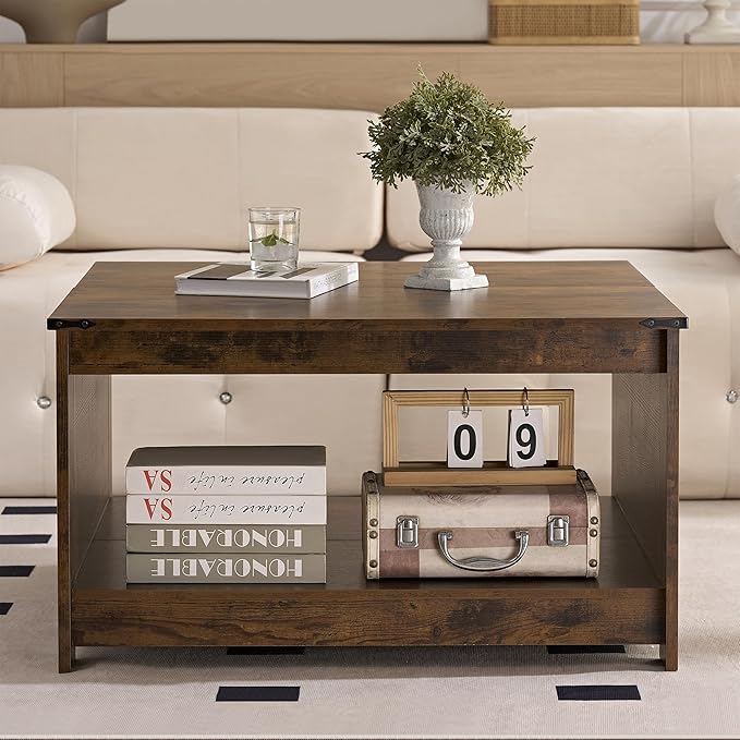 Farmhouse Coffee Table for Living Room, Wood Square Coffee Tables, 31.5" D x 31.5" W, Rustic Brown