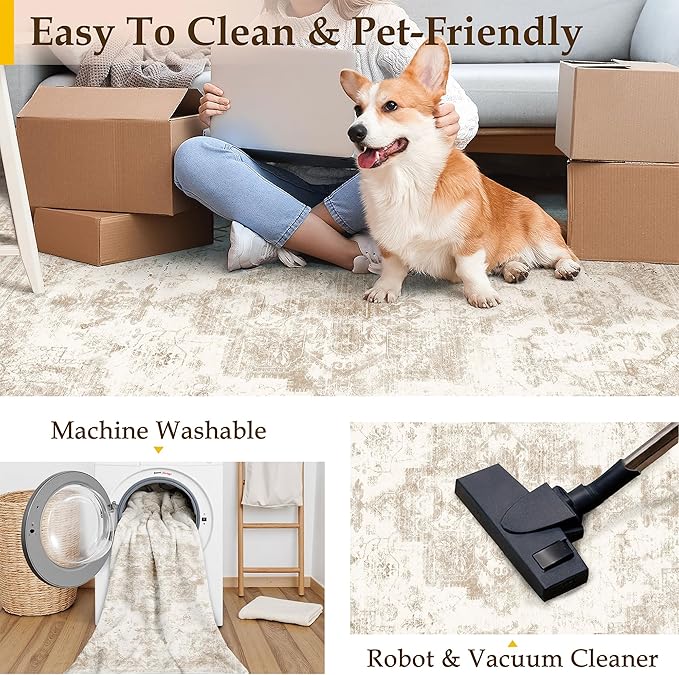 Area Rug 10x14 Cream Washable Living Room Beige Carpet Non Slip Vintage Medallion Indoor Bedroom Beige Carpet Low Pile Soft Retro Distressed Large Rug Home Office Dining Room Playroom