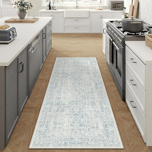 Blue Runner Rug 2x6 Hallway Machine Washable Kitchen Vintage Distressed Non Slip Long Carpet Indoor Retro Floral Bedroom Accent Throw Rug for Bathroom Office Laundry Dining Room