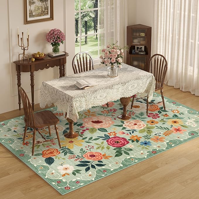 DUKINO 6x9 Area Rug, Floral Rugs for Living Room, Lightweight Non Slip Washable Rug, Indoor Low Pile & Non-Shedding Boho Design Rugs for Bedroom, Living Room, Dining Room, Green