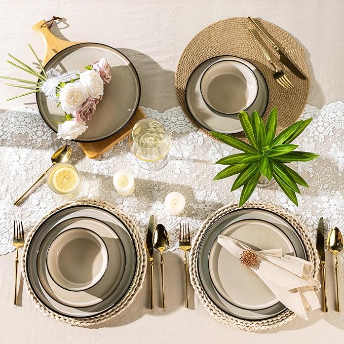 AmorArc Stoneware Dinnerware Sets,Round Reactive Glaze Plates and Bowls Set,Highly Chip and Crack Resistant | Dishwasher & Microwave Safe Dishes Set,Service for 4 (12pc)