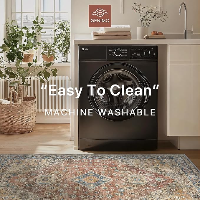 GENIMO 6x9 Area Rugs for Living Room, Machine Washable Non Slip Vintage Rugs, Low Pile Lightweight Chenille Print Rug for Bedroom, Dining Room, Home Office, Antique Red