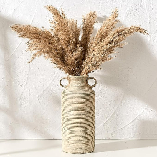 Ceramic Rustic Vase with 2 Round Handles, Antique Farmhouse Flower Vase, Vintage Terracotta Vases for Home Decor, Wedding, Living Room, Table, Shelf Decor - 10.2 Inch Tall, Terra