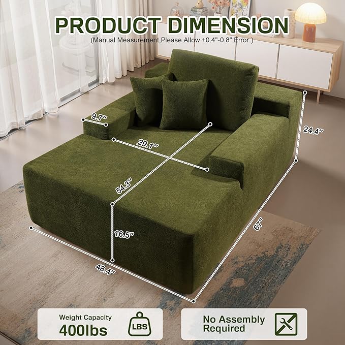 Chaise Lounge Chair Indoor, 67" Oversized Comfy Cloud Velvet Sleeper Sofa Bed, Boneless Upholstered Recliner Bed with Pillows and Wide Armrests, Modern Cloud Couch for Living Room, Green