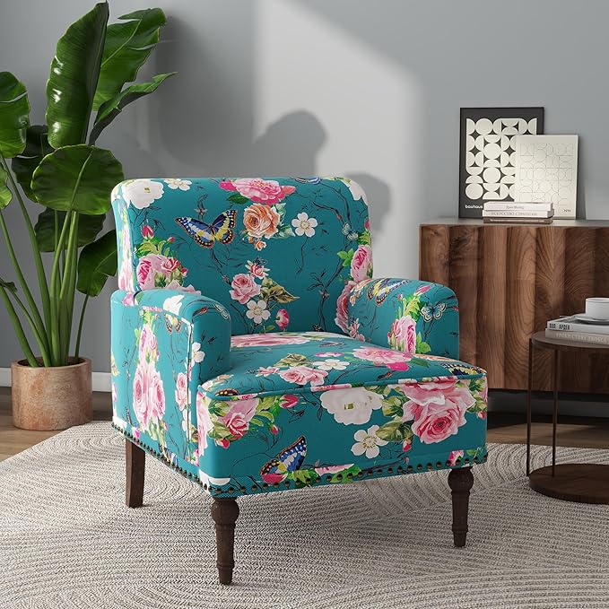 Lumibee Modern Accent Chair with Arms,Mid Century Stripe Armchair for Living Room,Comfy Linen Fabric Single Sofa for Apartment Bedroom,Comfortable Cushioned Seat for Reading Home Office-Floral