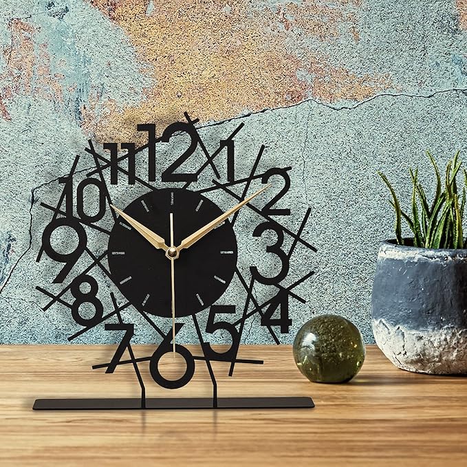 8.9x9.5 Metal Desk Clock, Black Silent Non-Ticking Analog Table Clock, Battery Operated, Decorative Desk and Shelf Clock, Desk Clocks for Living Room Bedroom Kitchen Office School