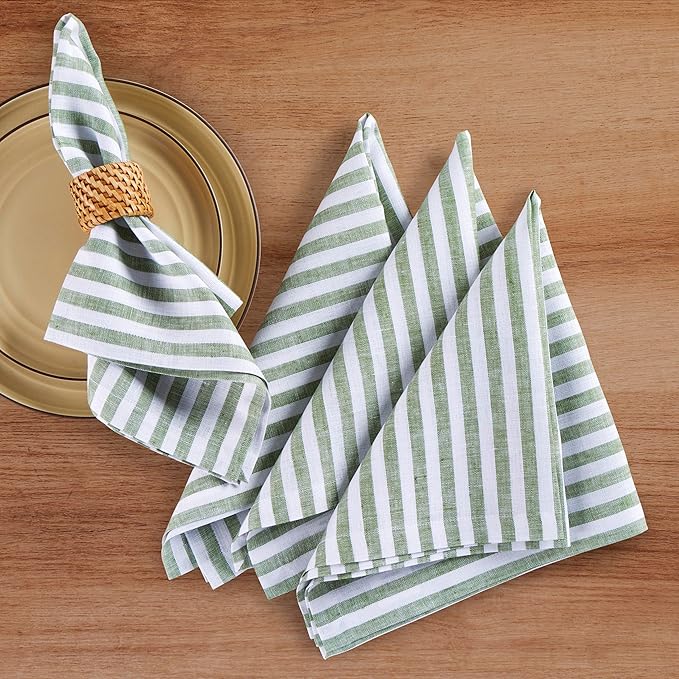 Solino Home Linen Cloth Napkins Set of 4-100% Pure Linen Green and White Striped Dinner Napkins 20 x 20 Inch for Fall, Autumn, Christmas - Amalfi Stripe, Handcrafted and Machine Washable