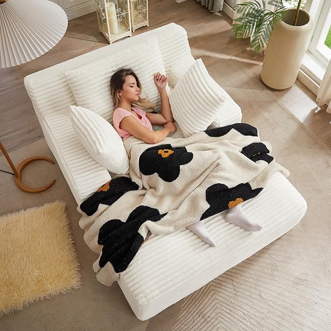 Boneless Couch Sofa Chiar Chaise Lounge Chair Indoor Upholstered Corduroy Couch Cloud Sleeper Sofa Oversized Reading Chair for Living Room No Assembly Required (White, 50" W x 67" D)