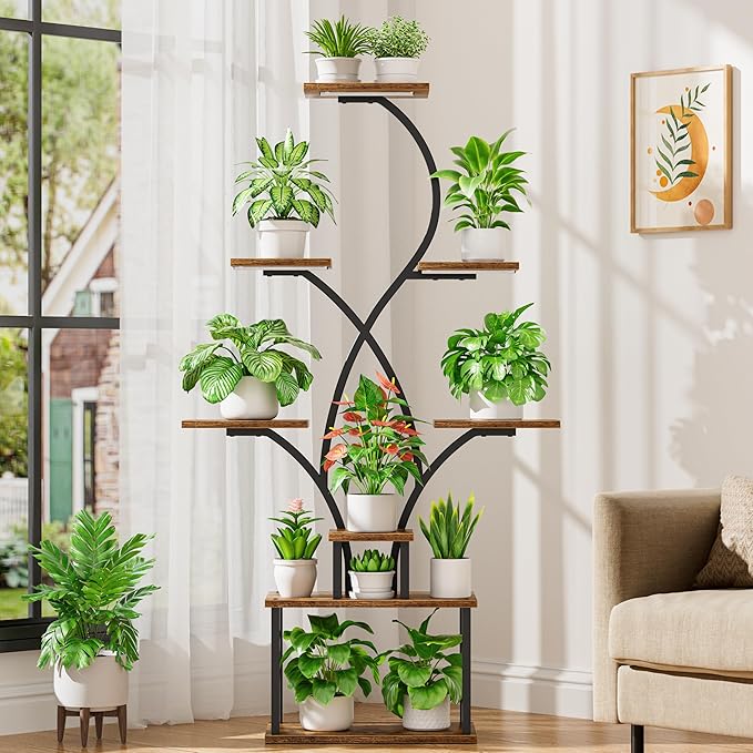 CODACE Plant Stand Indoor with Grow Lights - 62" Tall Plant Shelf Indoor, Lighted Corner Plant Stands for Indoor Plants, 8 Tiered Flower Spike-Shaped Rack for Living Room, Patio, Balcony Decor（Black