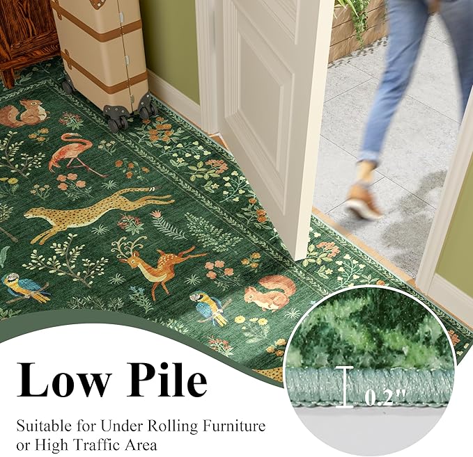 DUKINO 3x5 Rug, Washable Animal Area Rug with Non Slip Vintage Design, Indoor Soft Low Pile Carpet for Bedroom, Nursery, Dining Room, Farmhouse, Playroom, Green