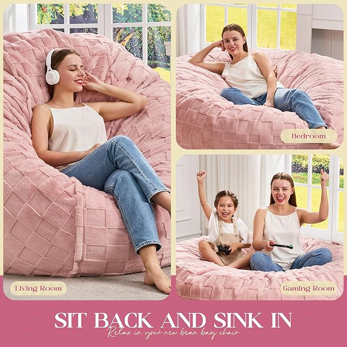 Hobestluk Bean Bag Chairs Beanbag Chair with Filler Adult Bean Bags with Fluffy Plaid Cover, Giant Bean Bag Chairs for Adults for Living Room, Bedroom (Pink, 5FT - 50” x 50” x 24”)