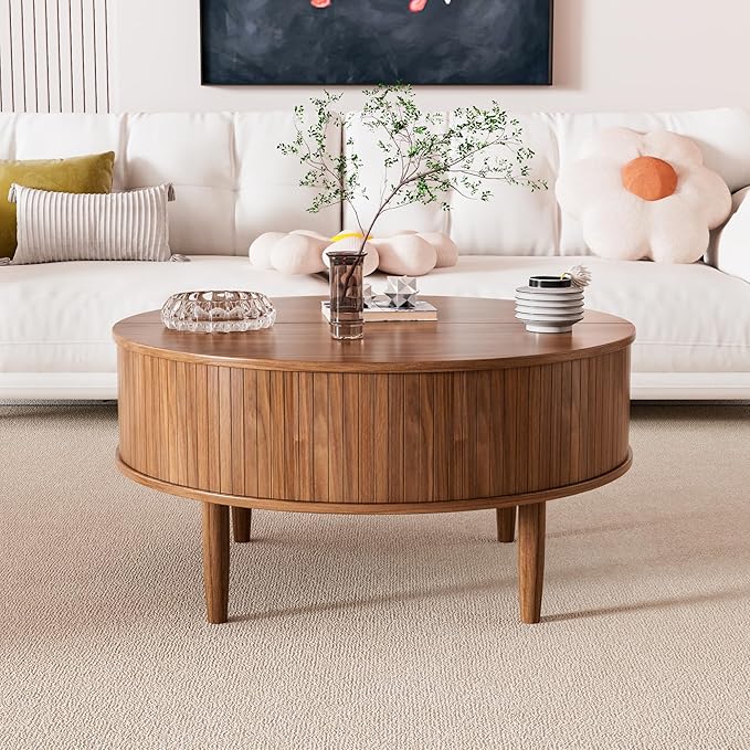 Round Fluted Lift Top Coffee Table with Storage, Mid Century Modern Coffee Table for Living Room, Home Small Space,31.5" Fluted Center Table (Walnut, 31.5inch)