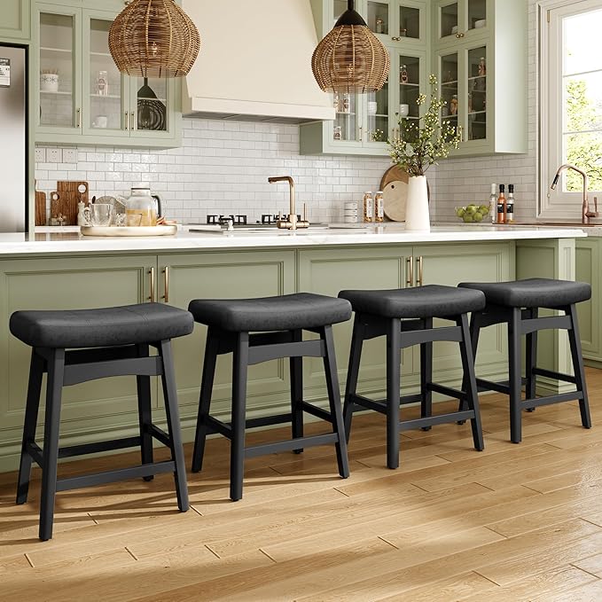 MAISON ARTS Black Counter Height Bar Stools Set of 4 for Kitchen Counter Solid Wood Legs with Faux Leather Saddle Seat Farmhouse Barstools for 34"-38" Counter Island Upholstered Stools, 24in Height