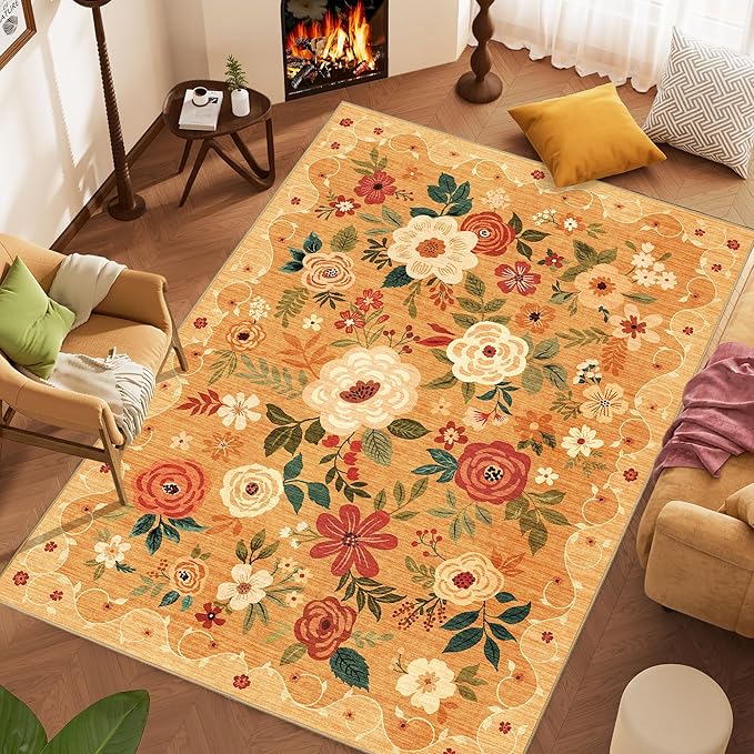 DUKINO 6x9 Area Rug, Floral Rugs for Living Room, Lightweight Non Slip Washable Rug, Indoor Low Pile & Non-Shedding Boho Design Rugs for Bedroom, Living Room, Dining Room, Orange
