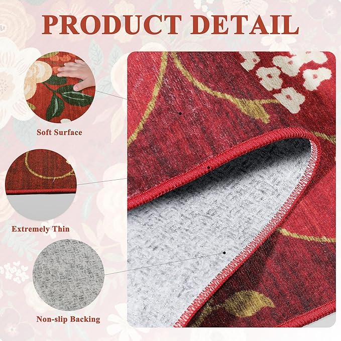 DUKINO 2x3 Rugs for Entryway, Floral Indoor Washable Door Mat, Non Slip Boho Small Rug for Kitchen, Soft Low Pile Front Door Throw Rug for Entrance, Bedroom, Kitchen, Laundry, Bathroom, Red