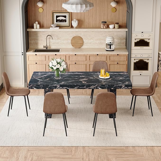 79" Marble Dining Table Set｜Modern Dining Table Set with 6 Suede Chairs｜Engineered Wood with Marble Pattern Tabletop｜Widened and Stable Tablelegs｜Easy Assembly