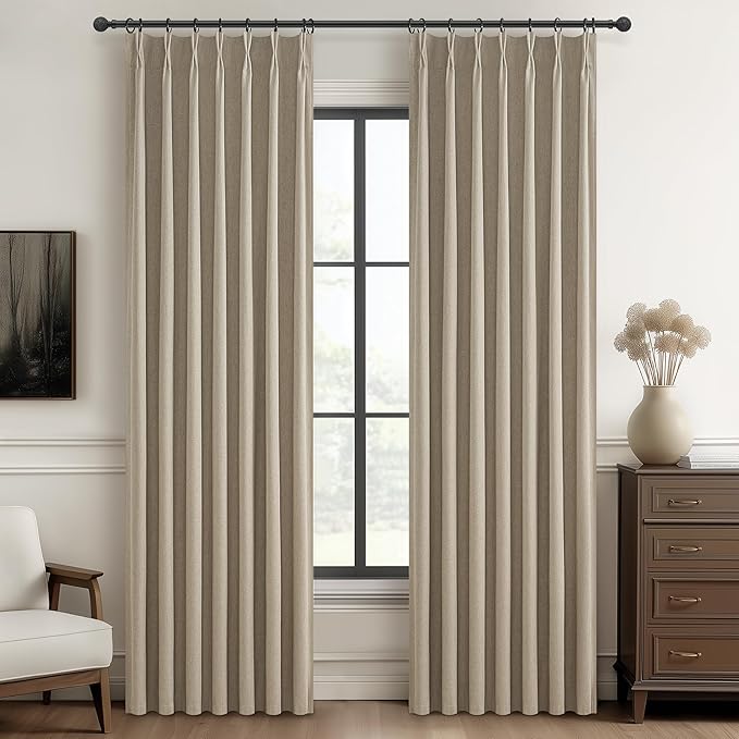 GreyBeige Modern Neutral 90 Inch Pinch Pleated Blackout Sliding Glass Door Curtains Light and Draft Blocking Drapes for Living Room Heavy Duty Lined Linen Burg Cottagecore Nursery 2 Pack (W40"xL90")