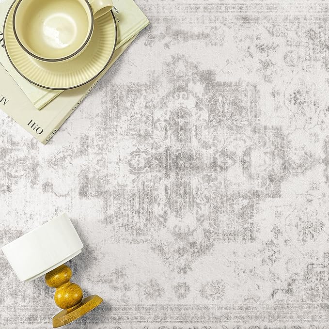 Runner Rug 3x7 Washable Light Gray Hallway Runner Vintage Boho Medallion Non Slip Grey Distressed Retro Carpet Indoor Low Pile Long Soft Rug for Kitchen Entryway Bedroom Bathroom Laundry