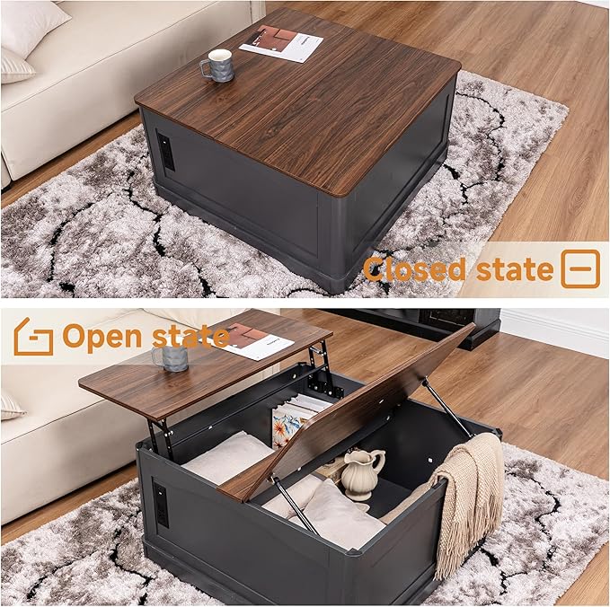 35" Farmhouse Lift Top Coffee Table, Wood Square Center Table with Charging Station, Living Room Table Hidden Storage, Living Room, Bedroom, Office, AC, USB Output (Walnut Black, 35.4 inch)