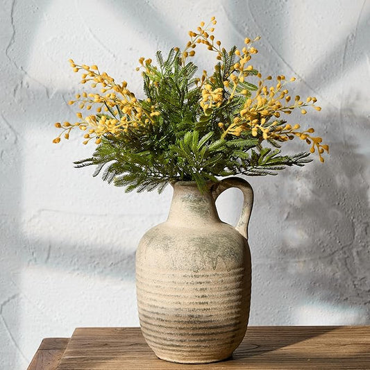 SIDUCAL Rustic Ceramic Farmhouse Flower Vase with 1 Handle-Height 8.43" Terracotta Vase, Unique Textured Pottery Flower Vases for Home Decor, Table, Wedding, Living Room, Shelf Decor, Terra