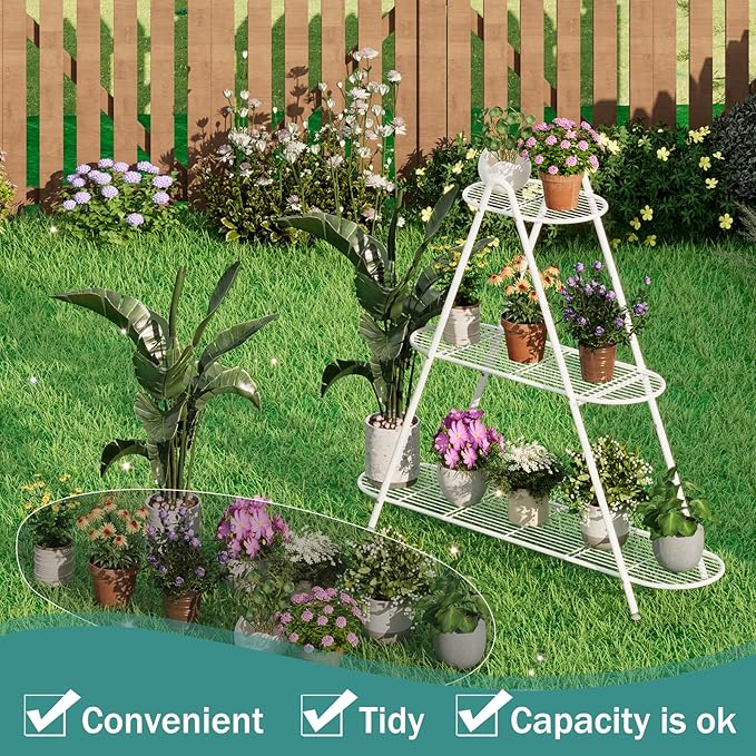 3-Tier Plant Stand, Heavy Duty Metal Planter Rack - White Indoor/Outdoor Shelves with Large Tier’s Shelf - Display Multiple Flower Pots, Iron Plant Organizer for Living Room, Patio & Garden