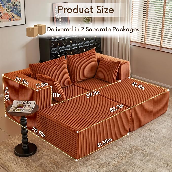 82" Oversized Chaise Lounge Chair, Corduroy Upholstered Sleeper Sofa with 4 Throw Pillows and Wide Armrest for Living Room, No Assembly Required Loveseat Couch, Orange