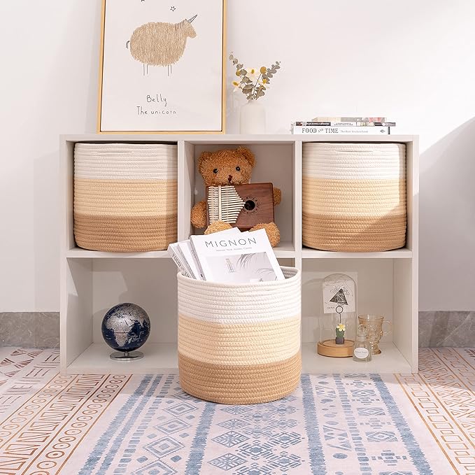 voten Round Storage Cubes Baskets Bins Organizer 11x11x11'' Fit 12x12'' Cube Storage, Durable Woven Cotton Rope, 3-Tone Honey, 3-Pack, Collapsible