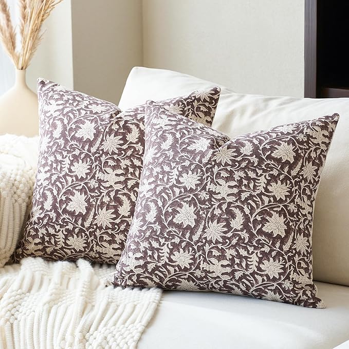 Floral Throw Pillow Covers 24x24 Farmhouse Block Print Pillow Covers Decorative Pillow Covers Couch Pillows for Living Room Vintage Accent Sofa Pillows Set of 2, Burgundy