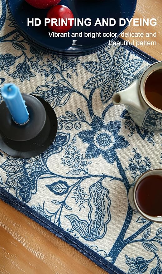 Designer Chinoiserie Elegant Linen Table Runner 102 Inches Long,Blue Floral Pattern Decor Table Runners for Thanksgiving,Dining Room,Banquet,Kitchen Tables,Christmas,12"*102"-Ruyi B