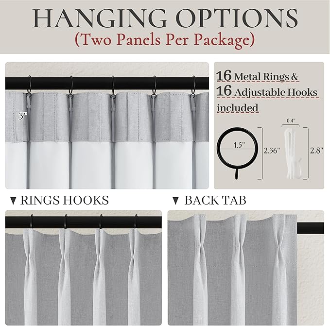 Light Grey Black Out Curtains 96 Inch Long for Living Room, Pinch Pleated Flax Linen Modern Insulated Drapes with Hooks Bedroom Curtain 2 Panels Set Soundproof Privacy Windows (40"Wx96"Lx2 Light Gray)