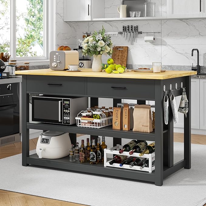 47.3" Solid Rubberwood Kitchen Island with Power Outlets - Extra Large Work Surface, 2 Drawers & Open Shelves Storage Cabinet for Kitchen Dining Room, Farmhouse Style (Black)