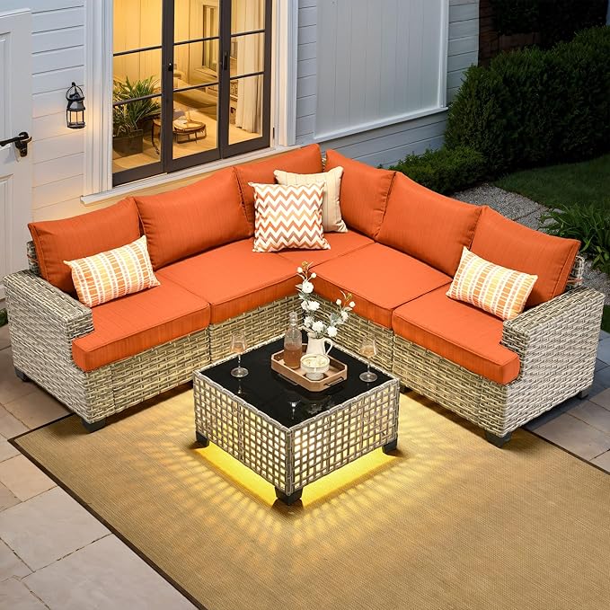HOOOWOOO Outdoor Sectional Patio Furniture Set,6 Pieces Wicker Conversation Sets L Shaped Couch,Extra Deep Out Door Sofa Outside Furniture,Brick Red