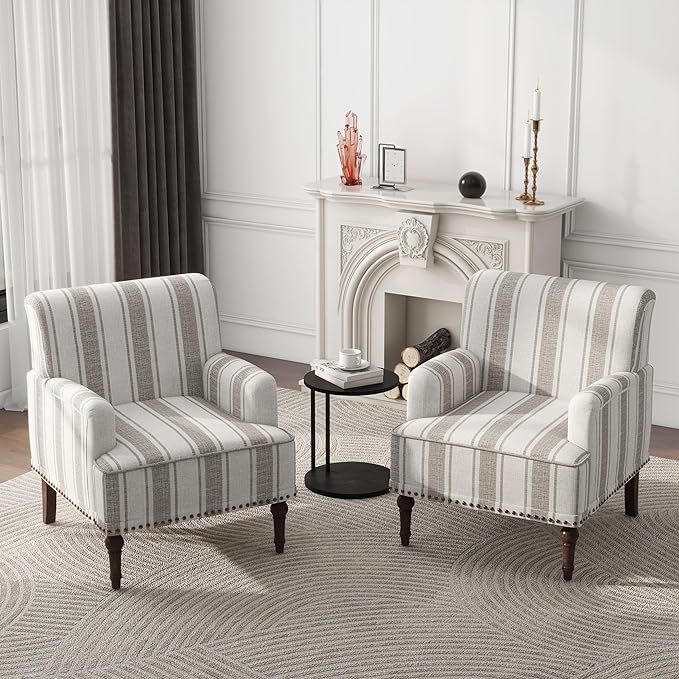 Modern Accent Chair with Arms,2 Set Mid Century Stripe Armchair for Living Room,Comfy Linen Fabric Single Sofa for Apartment Bedroom,Comfortable Cushioned Seat for Reading Home Office-Brown Stripe