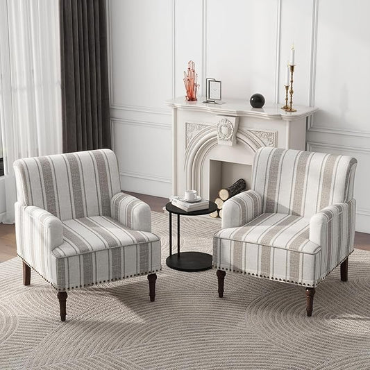 Modern Accent Chair with Arms,2 Set Mid Century Stripe Armchair for Living Room,Comfy Linen Fabric Single Sofa for Apartment Bedroom,Comfortable Cushioned Seat for Reading Home Office-Brown Stripe