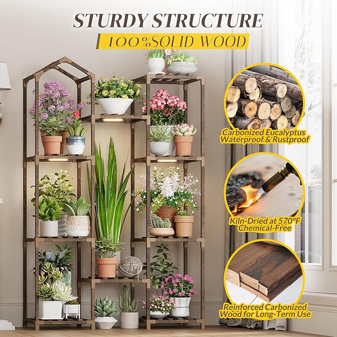 Wooden Plant Stand with Grow Light, 4-Tier Indoor Ladder Shelf with Roof Design, Carbonized Wood Rack for Balcony, Corner, or Living Room, Space-Saving Decorative Holder