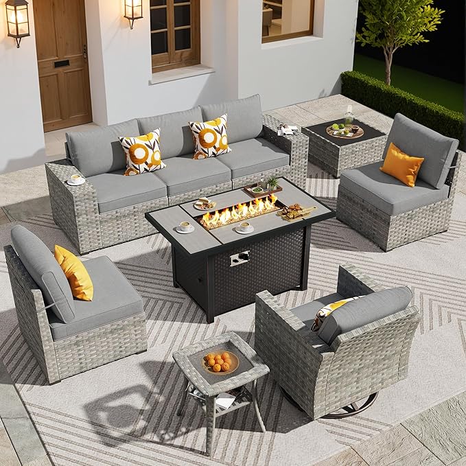 ovios 9 Pieces Patio Furniture Set, Outdoor Wicker Sectional Sofa with 42" Firepit Table Swivel Chair, Modern Modular Deep Seat Rattan Couch Conversation Sets, Dark Grey