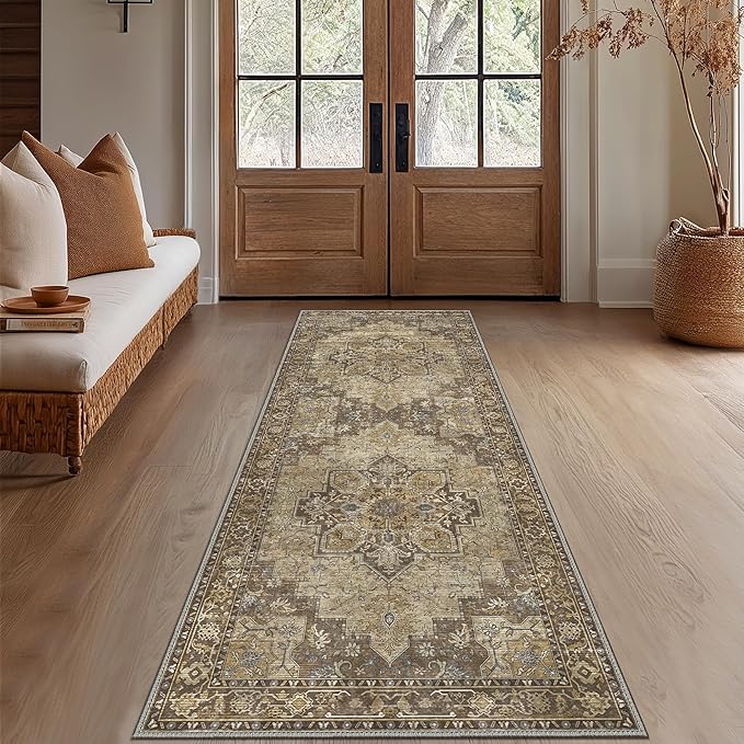 GENIMO 2x6 Runner Rugs for Hallway, Machine Washable Non Slip Vintage Rugs, Low Pile Lightweight Soft Print Rug for enrtyway, Corridor, Home Office, Kitchen, Rustic Brown