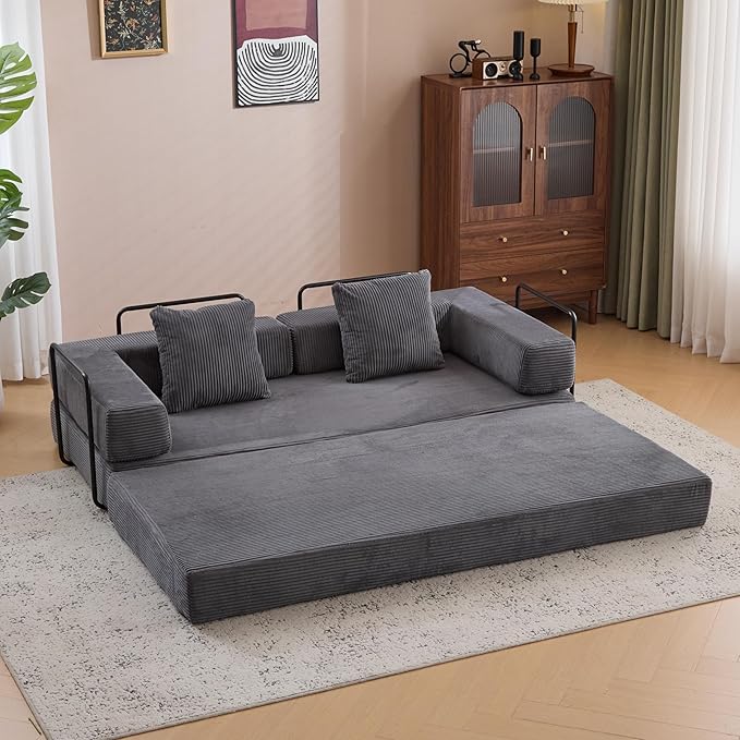 Convertible Folding Mattress Couch, Floor Sofa Bed with Fixed-Shape Frame, Corduroy Floor Sofa with Armrest, Floor Sofa Lounge Couch for Living Room Bedroom Lounge Studio-Dark Grey