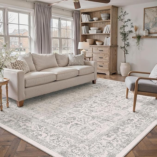 Gray Area Rug 7x9 Machine Washable Vintage Living Room Distressed Non Slip Carpet Traditional Indoor Bedroom Grey Retro Floral Accent Throw Large Rug for Office Kitchen Dining Room