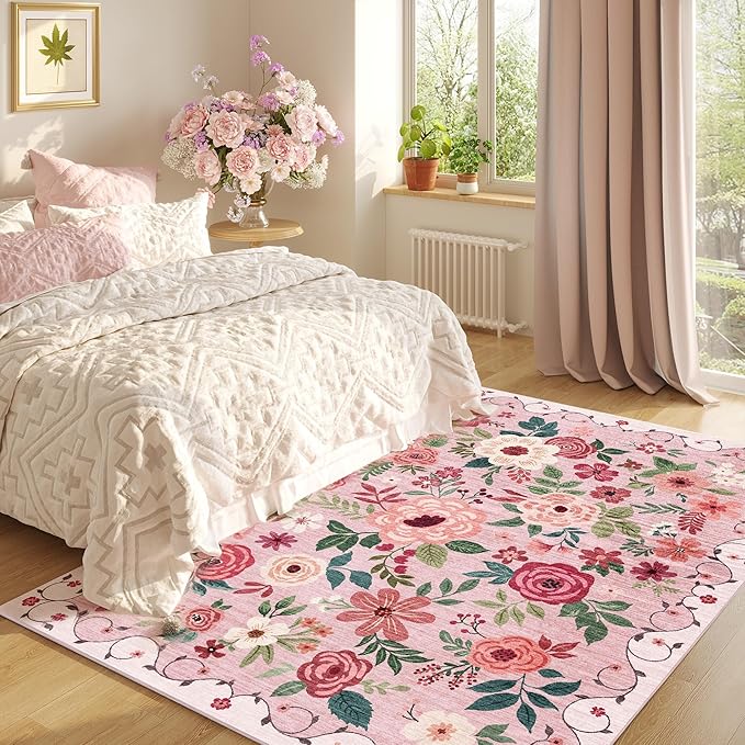 DUKINO 6x9 Area Rug, Floral Rugs for Living Room, Lightweight Non Slip Washable Rug, Indoor Low Pile & Non-Shedding Boho Design Rugs for Bedroom, Living Room, Dining Room, Pink