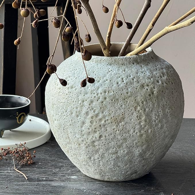 Denique Rustic Ceramic Tall Floor Vase, Vintage Farmhouse Decor - Large Terracotta Vases for Living Room Entryway Centerpiece (White-7.87inch Height)