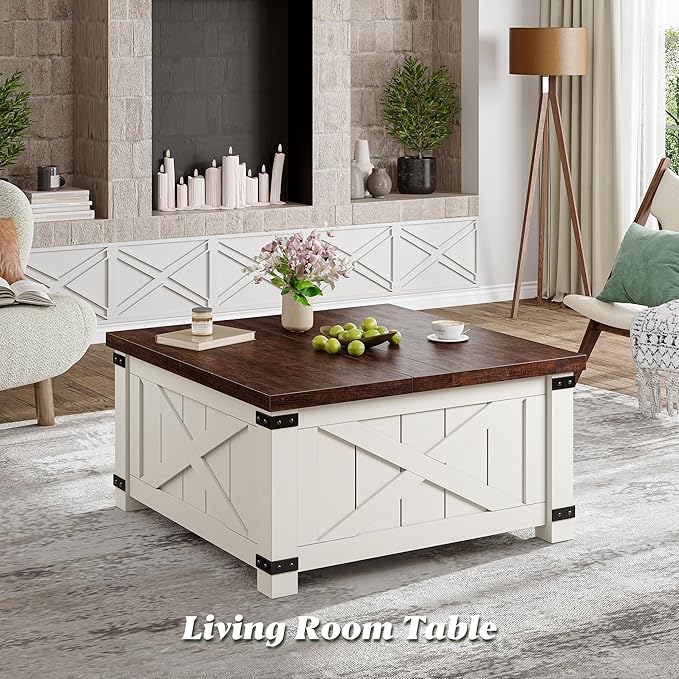 EnHomee Lift Top Coffee Table with Storage, 36" Farmhouse Coffee Tables for Living Room, Square Coffee Table with Large Hidden Space, for Living Room, Bedroom, Home Office, White