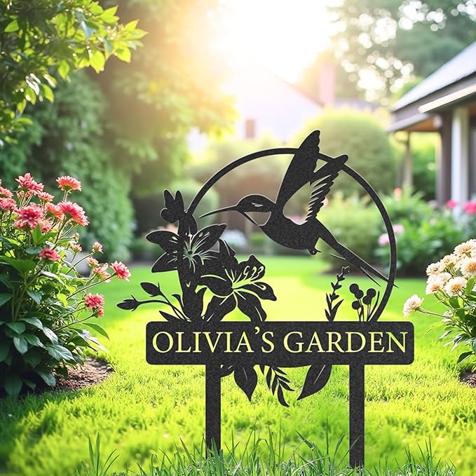 Custom Metal Garden Sign, Personalized Name Sign for Garden, Hummingbird Yard Decor, Outdoor Yard Stakes, Gifts for Plant Lovers